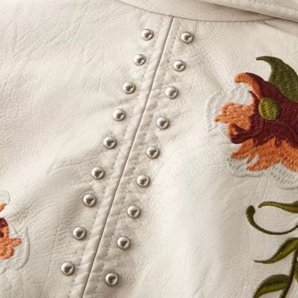 🎉New Chic Ivory Floral Print Embroidery FauxLeather Moto Jacket - Picture 6 of 16